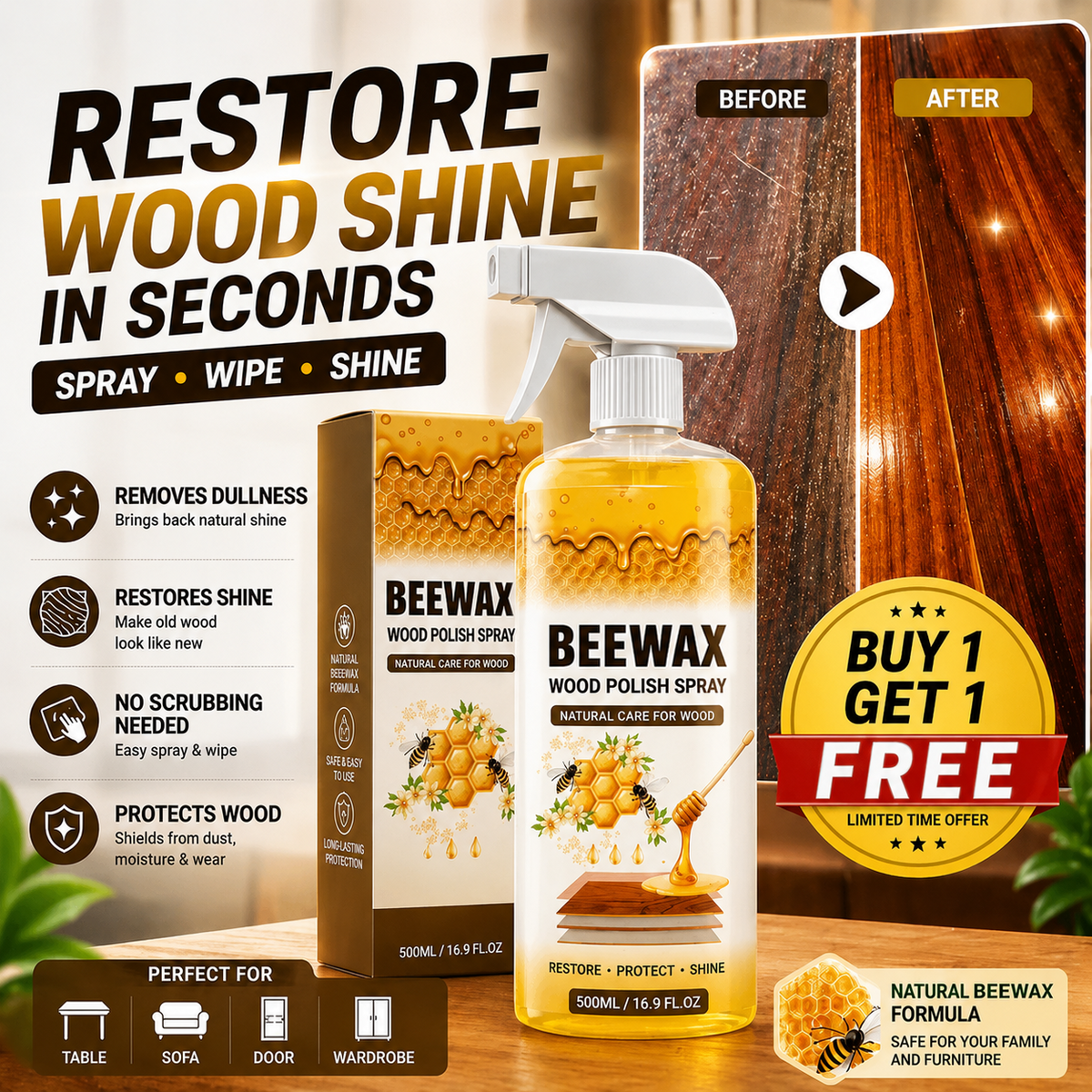 Beewax Wood Polish Spray (Restore Shine Protect Furniture)