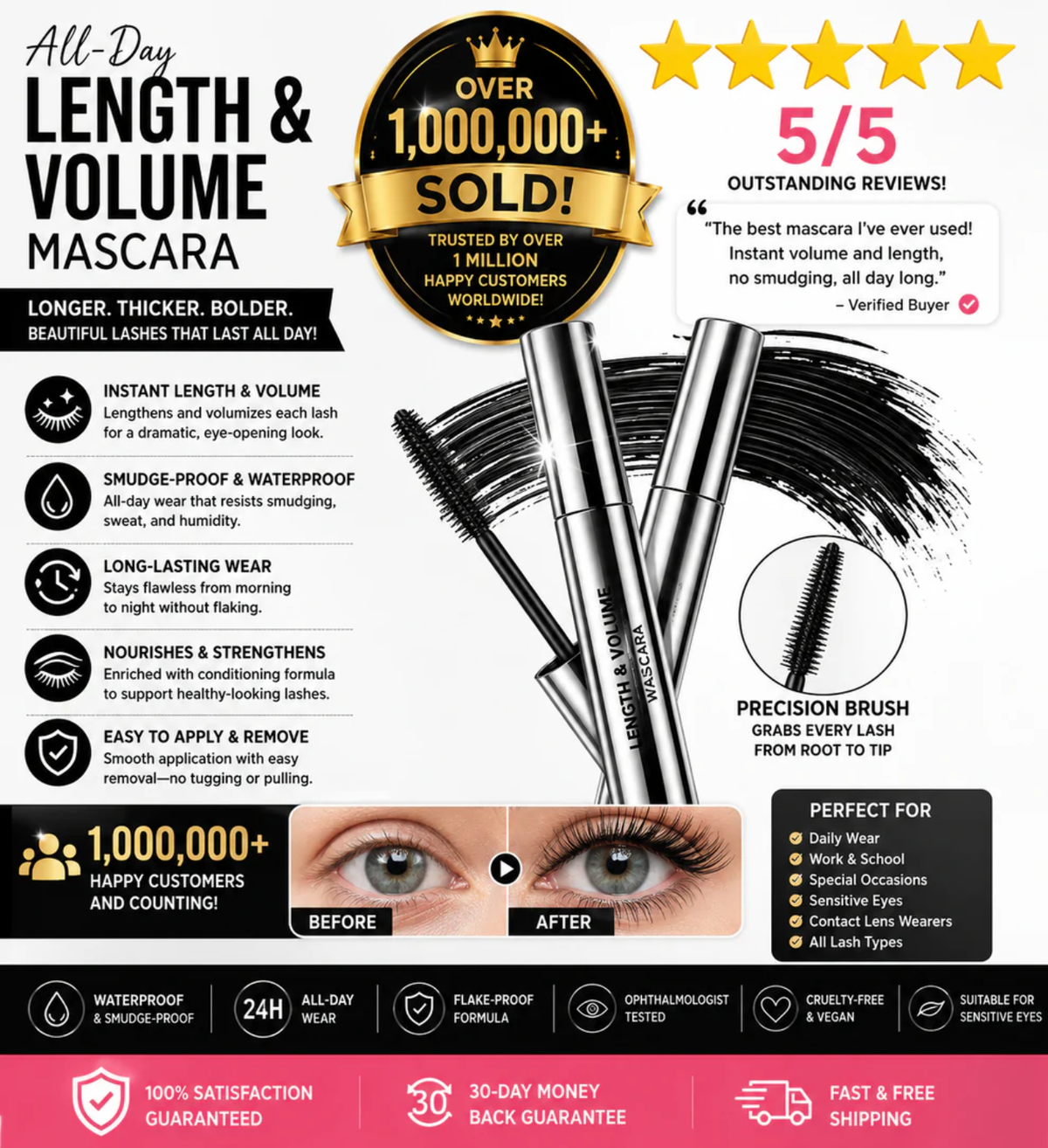 Lengthening & Curling Mascara – 24H Waterproof, Smudge-Proof, No Clumping