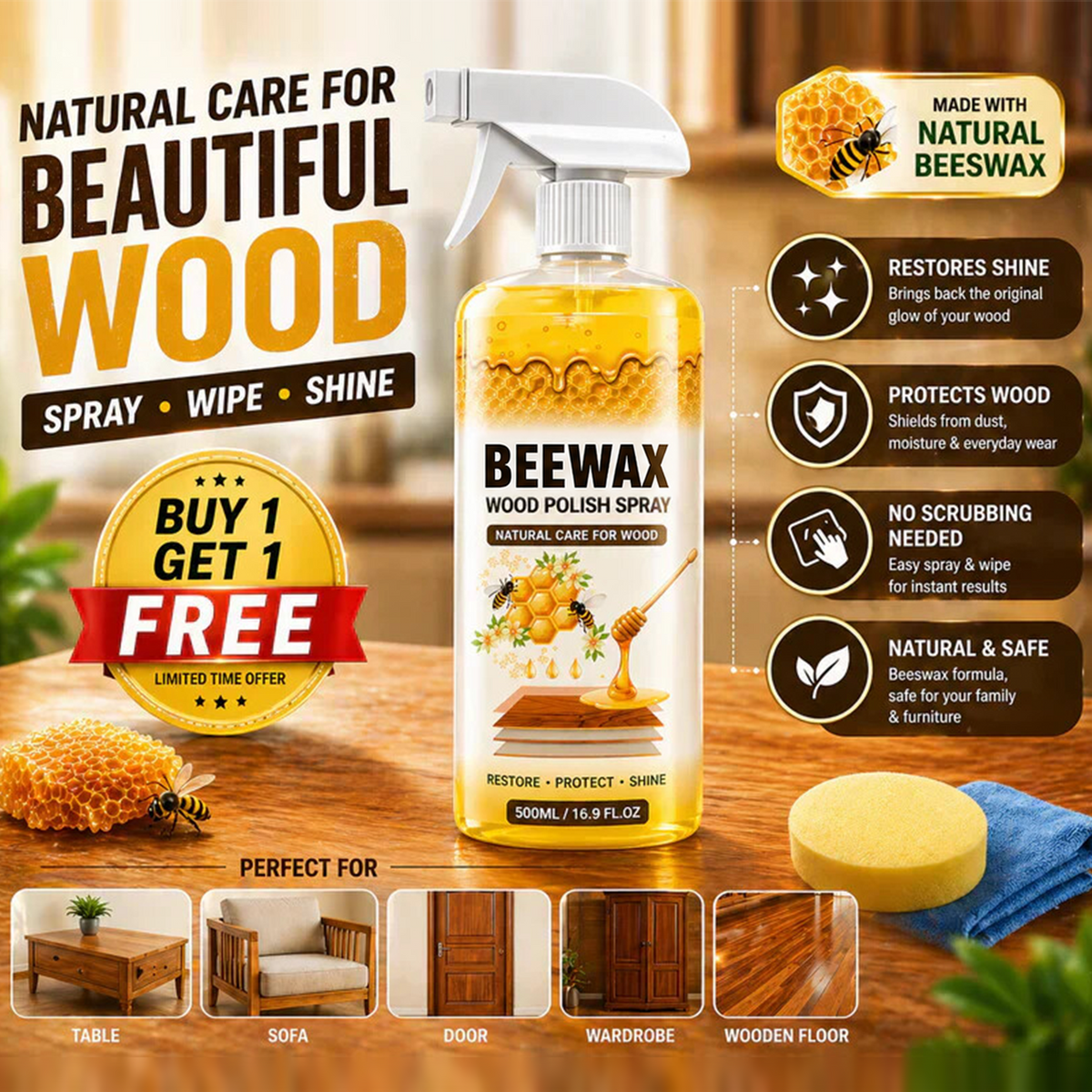 Beewax Wood Polish Spray (Restore Shine Protect Furniture)