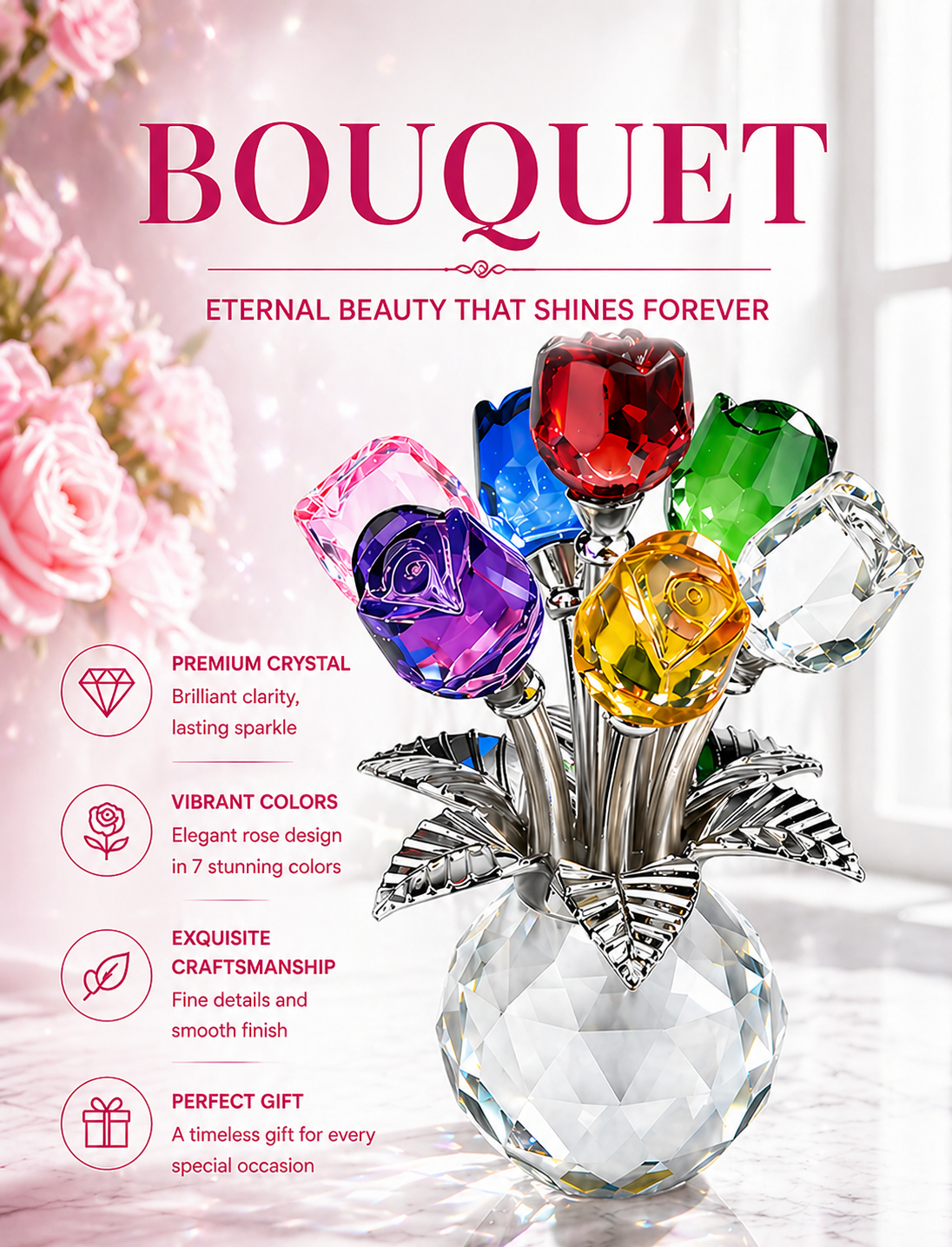 Glass Crystal Artificial Roses for Mother’s Day