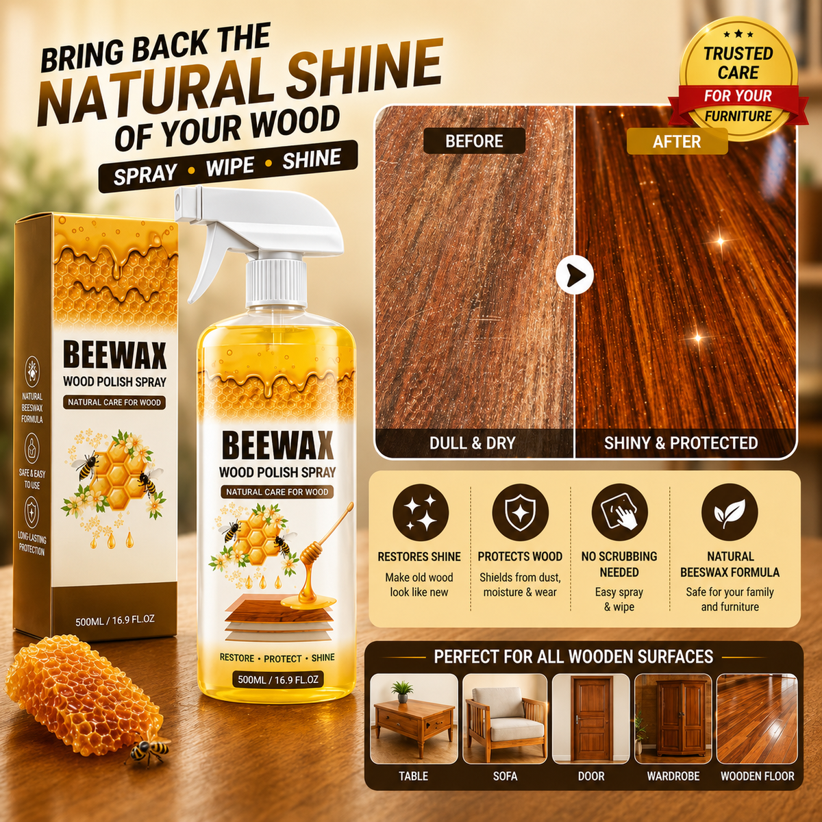 Beewax Wood Polish Spray (Restore Shine Protect Furniture)
