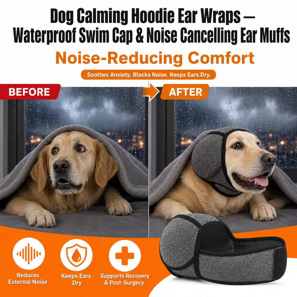 Dog Calming Hoodie Ear Wraps — Waterproof Swim Cap & Noise Cancelling Ear Muffs