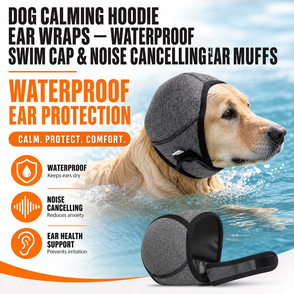 Dog Calming Hoodie Ear Wraps — Waterproof Swim Cap & Noise Cancelling Ear Muffs