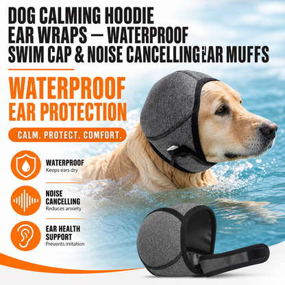 Dog Calming Hoodie Ear Wraps — Waterproof Swim Cap & Noise Cancelling Ear Muffs