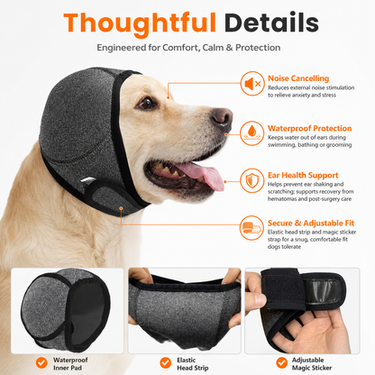 Dog Calming Hoodie Ear Wraps — Waterproof Swim Cap & Noise Cancelling Ear Muffs