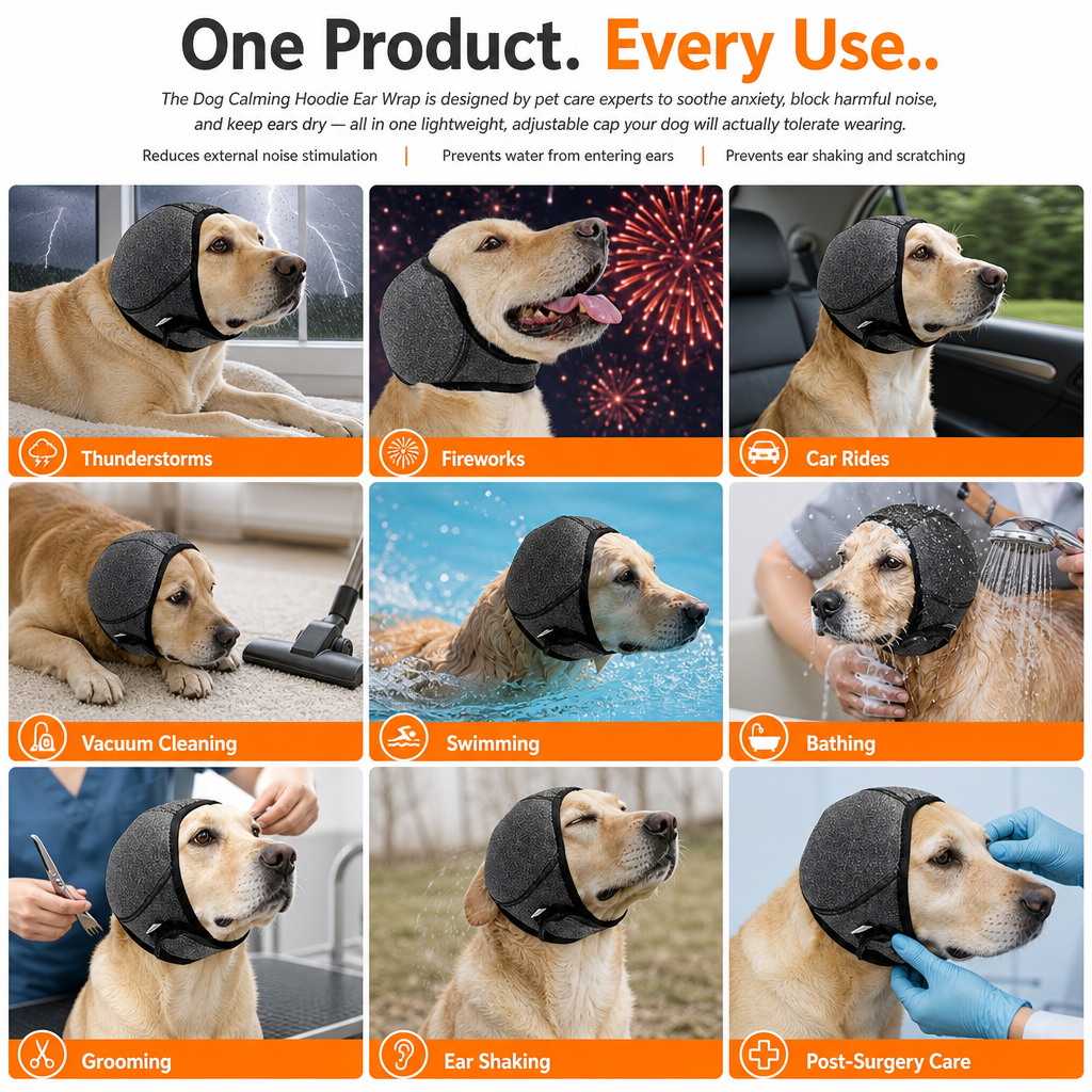 Dog Calming Hoodie Ear Wraps — Waterproof Swim Cap & Noise Cancelling Ear Muffs