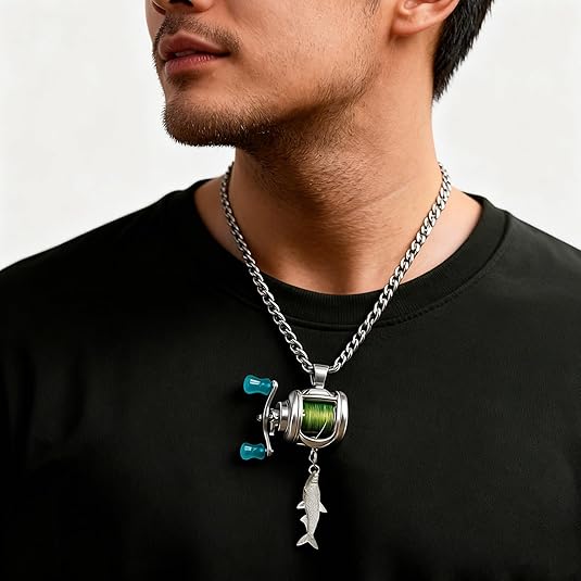 Fishing Reel Necklace Rotating Handle Swirling Reel Pendant Keychain