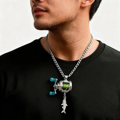 Fishing Reel Necklace Rotating Handle Swirling Reel Pendant Keychain
