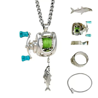Fishing Reel Necklace Rotating Handle Swirling Reel Pendant Keychain