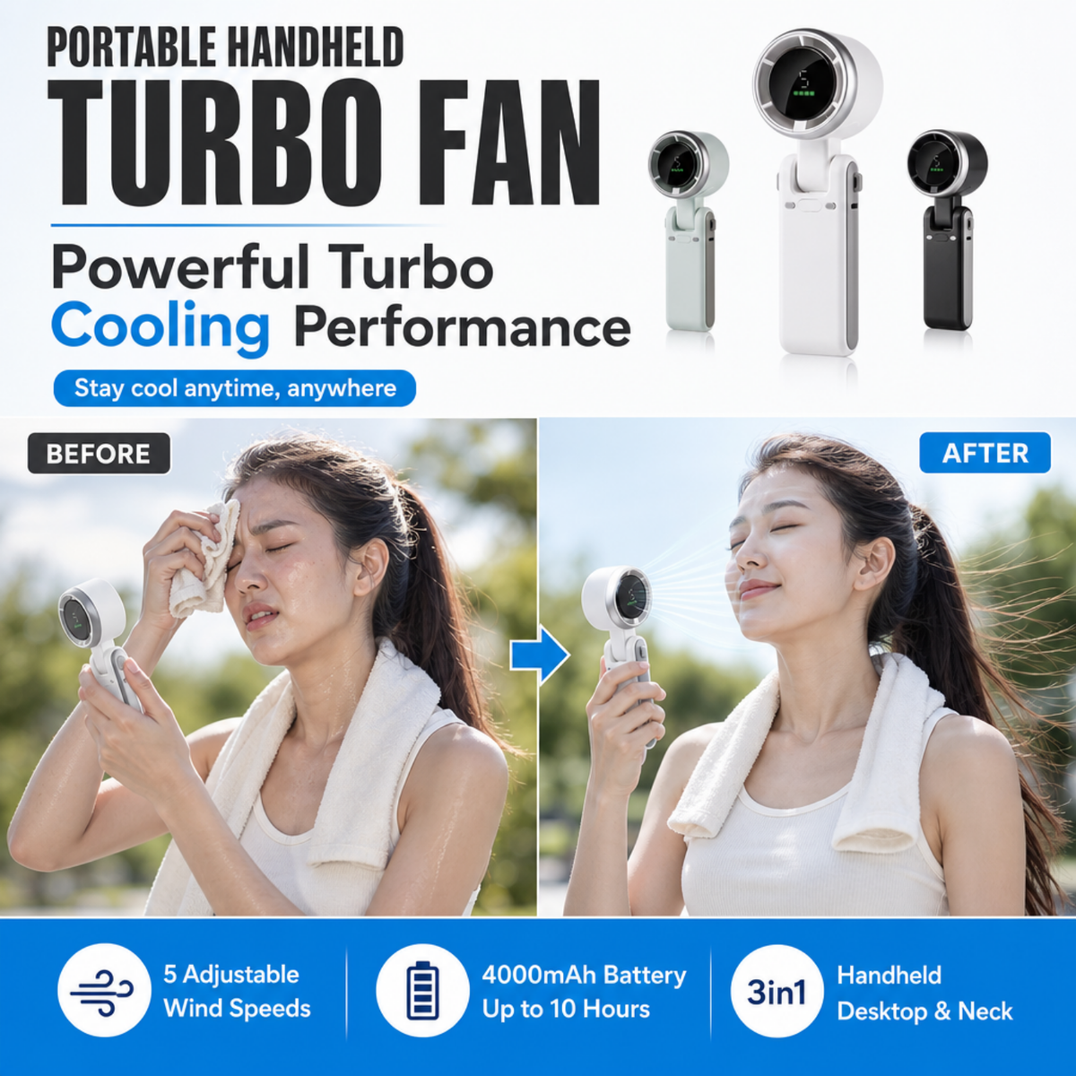 Portable Handheld Turbo Fan — 5-Speed, 4000mAh, 10H Battery Life