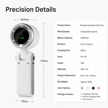 Portable Handheld Turbo Fan — 5-Speed, 4000mAh, 10H Battery Life