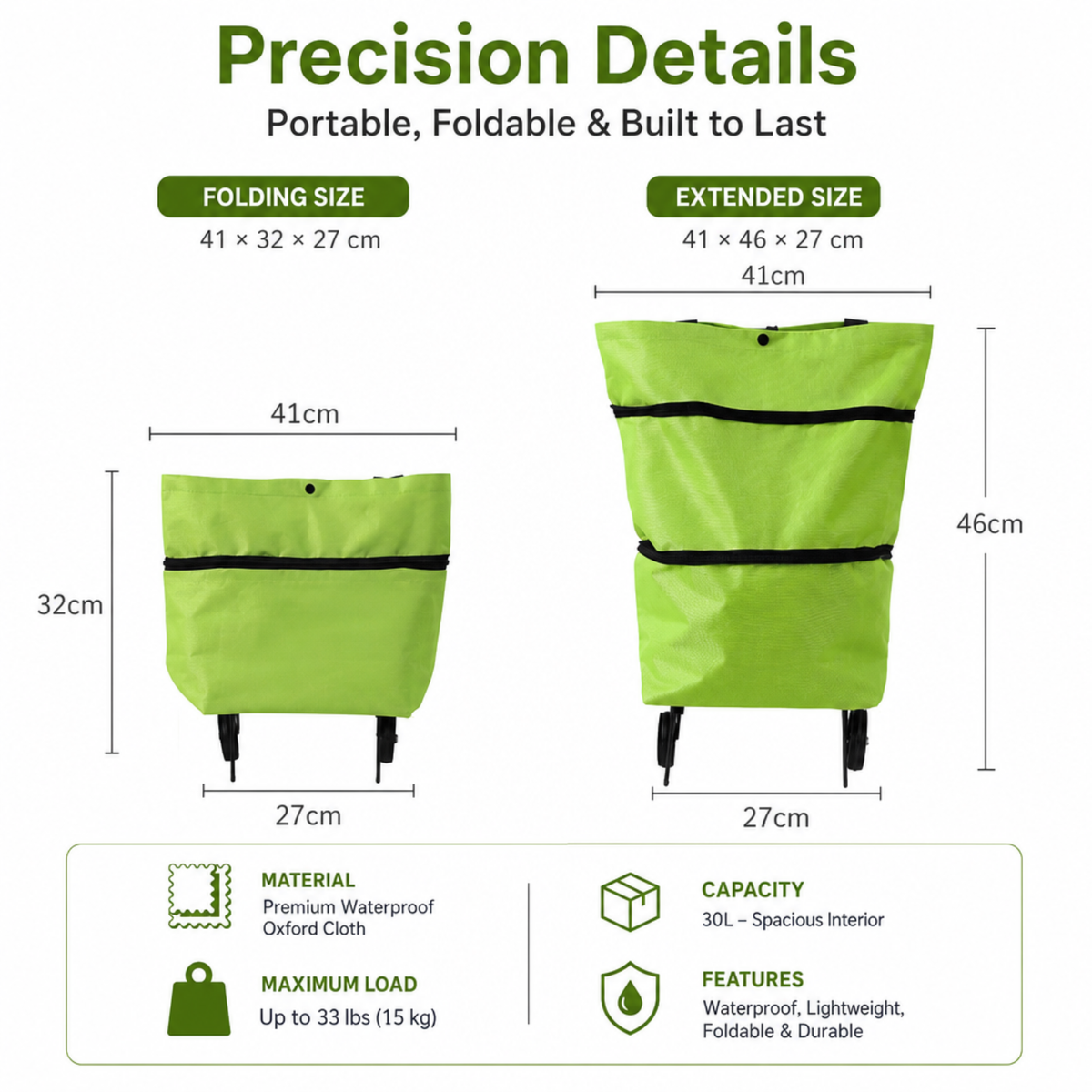 Portable Shopping Cart Foldable Grocery Trolley Lightweight with Wheels
