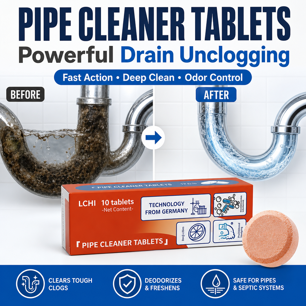 Pipe Cleaner Tablets — Drain Unclogger, Odor Eliminator & Descaler for Sinks, Toilets, Washing Machines & Sewers