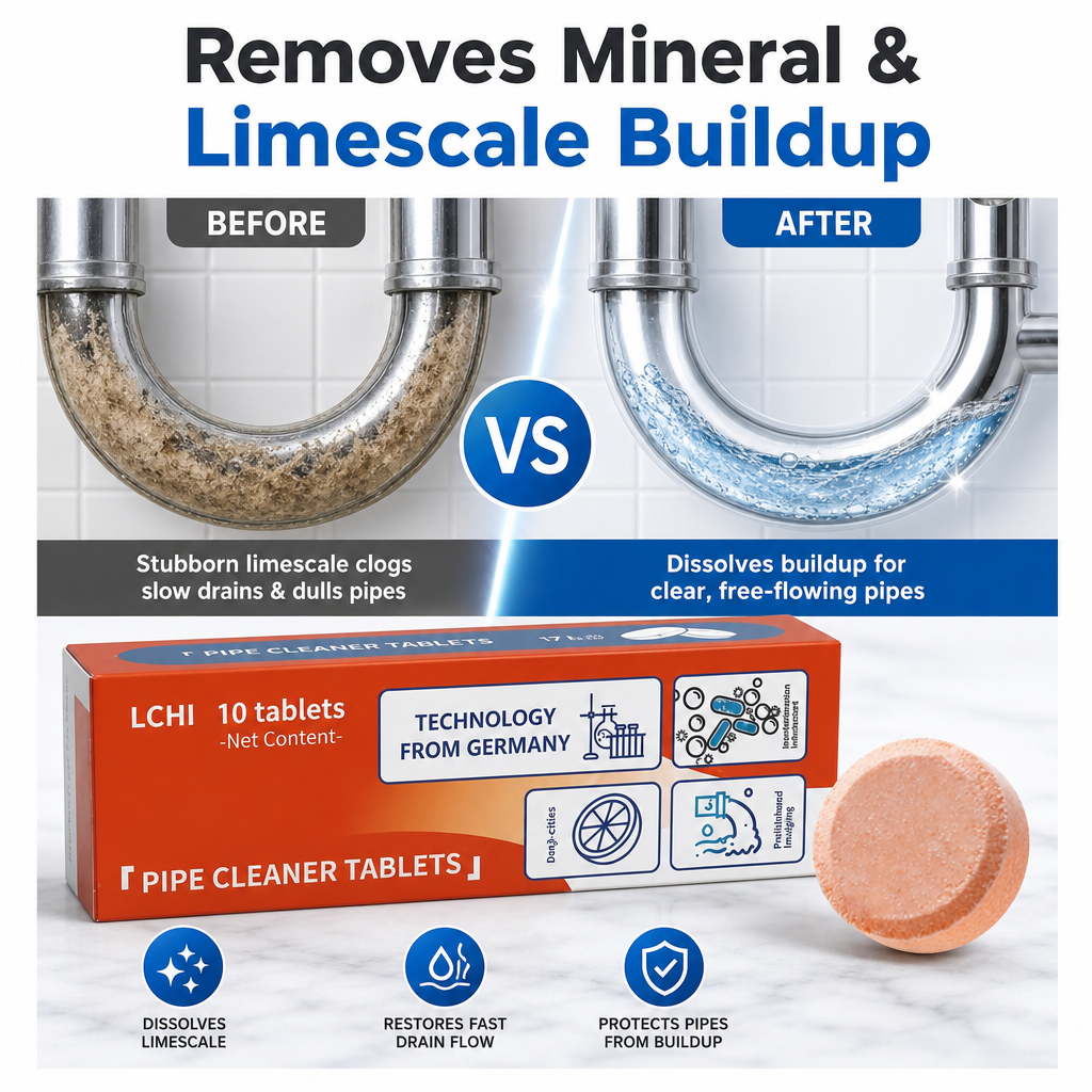 Pipe Cleaner Tablets — Drain Unclogger, Odor Eliminator & Descaler for Sinks, Toilets, Washing Machines & Sewers