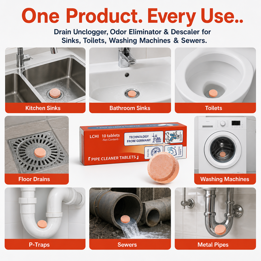 Pipe Cleaner Tablets — Drain Unclogger, Odor Eliminator & Descaler for Sinks, Toilets, Washing Machines & Sewers