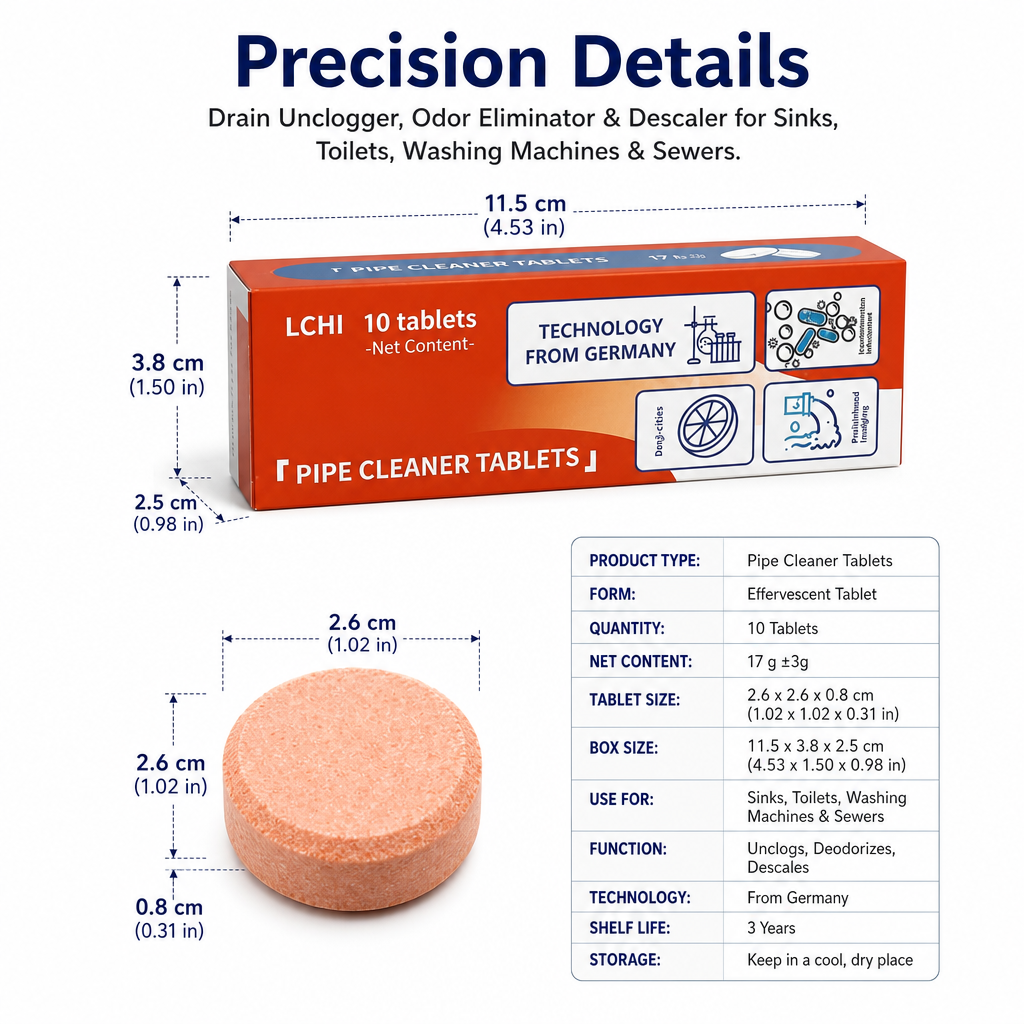 Pipe Cleaner Tablets — Drain Unclogger, Odor Eliminator & Descaler for Sinks, Toilets, Washing Machines & Sewers
