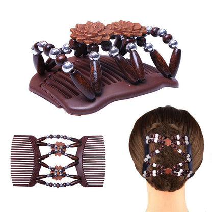 Thick Hair Clip Magic Wood Beads Double Hair Comb Clip Stretch Combs
